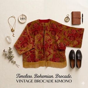 Handmade Burgundy Floral Brocade Kimono Jacket Gold Fringe - Boho Statement Coat